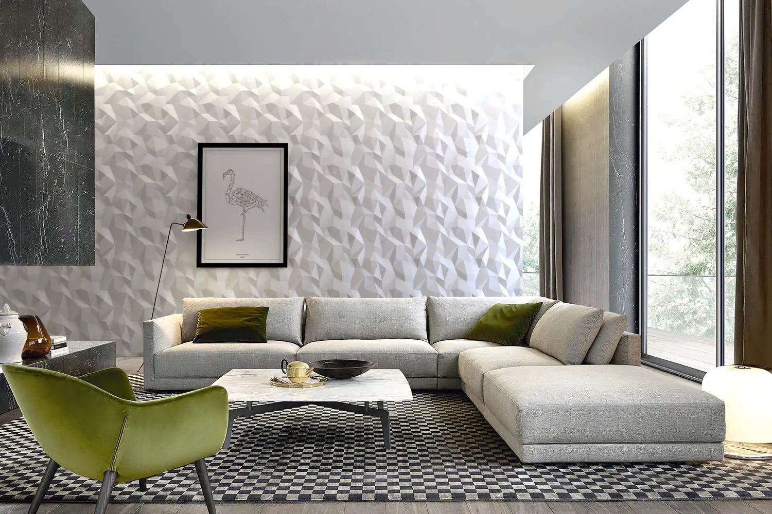 Woonkamer met een witte 3D-wand van facetpanelen achter een grijze hoekbank