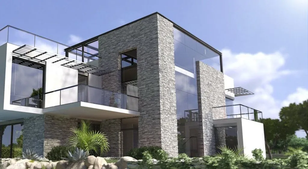 Moderne villa met gevelvlakken in grijze Crobrick steenstrips